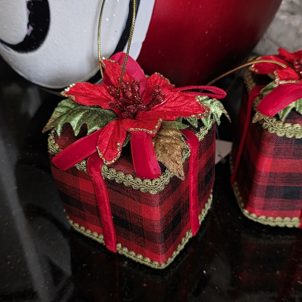 Plaid Holiday Gift Ornament with Red Bow